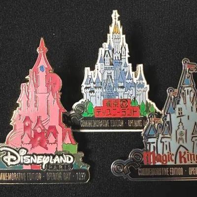 Disney Castle Commemorative Edition Pin Trio  Paris, Tokyo & Magic Kingdom  Limited Editions