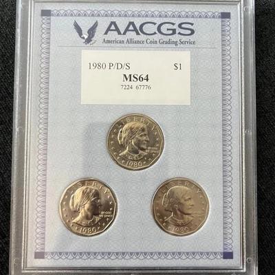 1980 P/D/S Susan B. Anthony Dollar Coins AACGS Graded MS64
