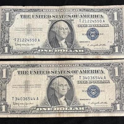 #2 Set of 2Series 1957B Silver Certificate $1 Bills Blue Seal
