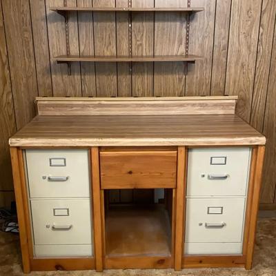 Solid Wooden Worktable with File Cabinets and Wall Shelves