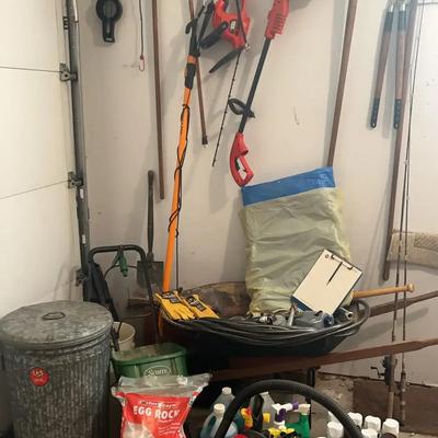 Yard and Garden Tool Collection with Wheelbarrow and Shop Vac