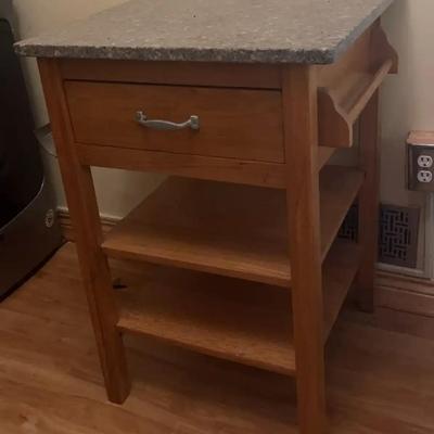 Wooden Kitchen Island with Granite Top and Storage Shelves