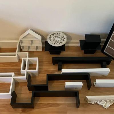 Collection of Wooden Wall Shelves in Black, Brown & White