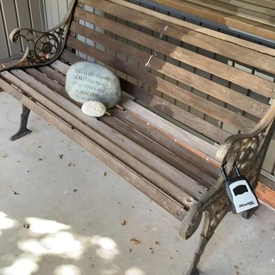 Wood and Iron Outdoor Bench with Decorative Stones