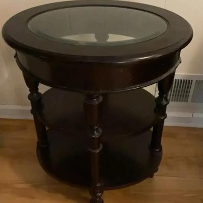 Dark Wood Oval Side Table with Beveled Glass Top