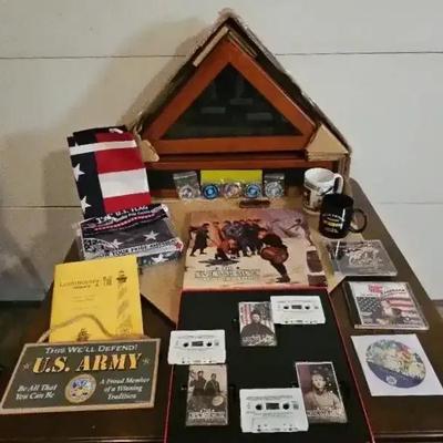 U.S. Military Collectibles with Coins, Flags, and Display Case