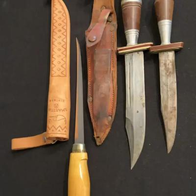 Three Fixed-Blade Knives Featuring Marttiini Finland with Leather Sheaths