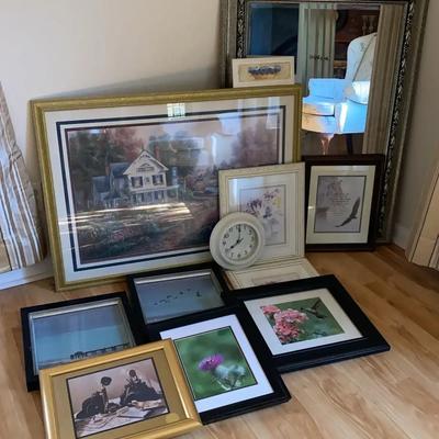 Framed Beveled Mirror and Large Signed Print