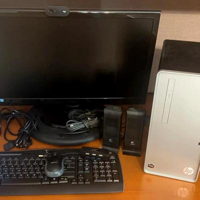 HP Desktop Computer Setup with Ryzen 7, 22" Monitor, and Accessories