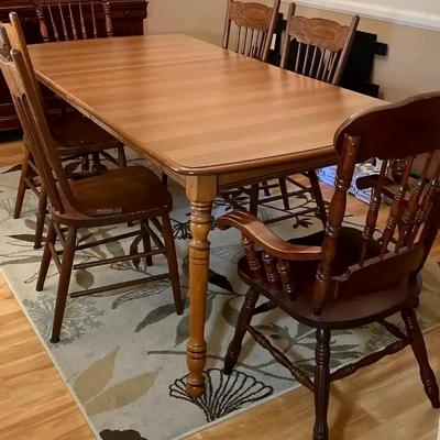 Wooden Dining Table with Formica Top and Six Spindle-Back Chairs