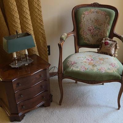 Vintage Chair(34” x 23” W x 19”D), Side Table(17”H x 16 1/2”W x 12”D), Lamp(10”H x8”W x4”D)