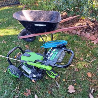 Greenworks Pro 3000 PSI Electric Pressure Washer (Tests Good) And True Temper Wheelbarrow