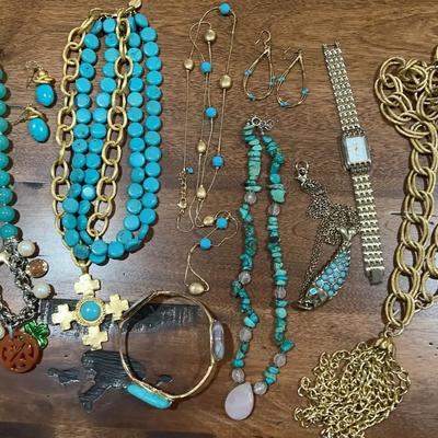 Turquoise And Other Unverified Stones, Susan Shaw Necklace And Earrings Plus Watch And Earrings