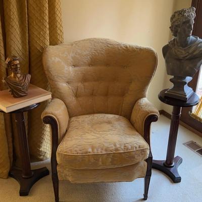 Vintage Chair(38”H x 32”W), statues(11”H & 24”H), Art Stands(27”H x12” diameter)