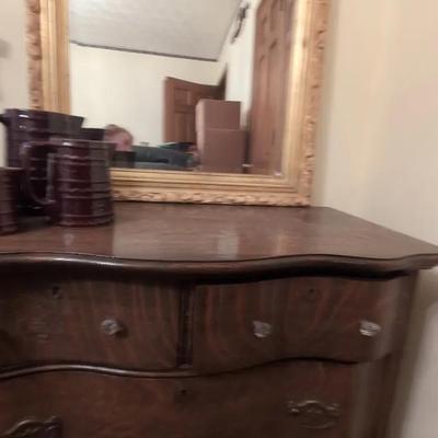 Antique Wooden Chest with Large Mirror & Pottery – 38”W x 20”D x 28”H