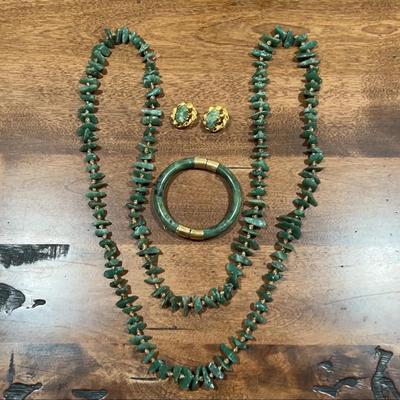 Beautiful Green Necklace, Bracelet And Clip On Earrings, Stones Not Verified