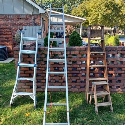 Collection of Aluminum Werner Ladders and Wooden Step Ladders
