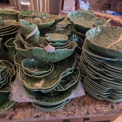Bordallo Pinheiro Hand-Painted Green Leaf Pottery – Serving Bowls & Plates