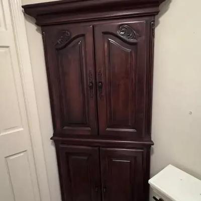 Dark Wood Corner Armoire with Shelves