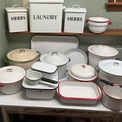 Wood Table With Porcelain Top Plus Set Of Porcelain Cookware