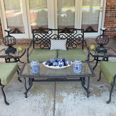 Wrought Iron Patio Furniture Set – Loveseat, 2 Chairs, 2 Side Tables & Long Table with Accessories