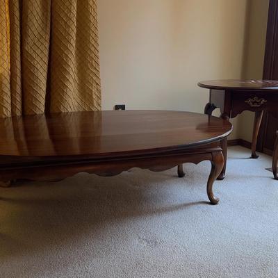 Wooden Coffee Table (16”H x 38” x 54” diameter) & Side Table(22 1/2”H x 23” x 26” diameter)