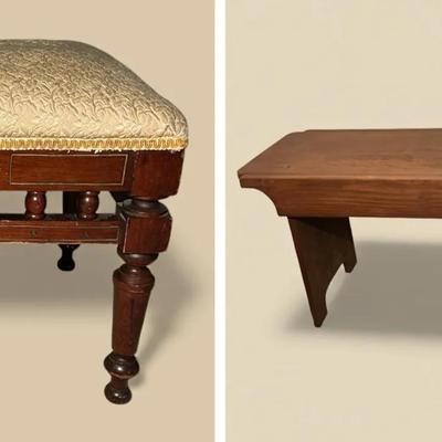 Vintage Wood Bench & Upholstered Footstool