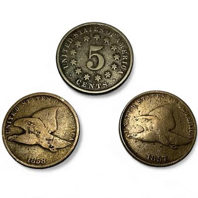 1857 & 1858 Flying Eagle Cents & 1873 Shield Nickel 