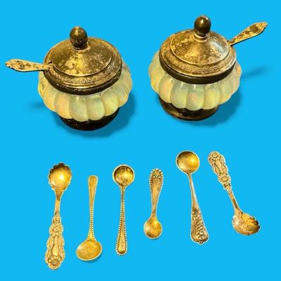 Sterling Silver Salt Spoons & Opalescent Glass Silverplate Salt Cellars