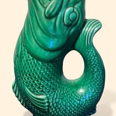 Darmouth Green Majolica Gurgling Fish Pitcher Devon England Gurgle Pot
