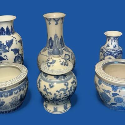 Chinese Blue & White Porcelain Vases, Planters, & Ginger Jar