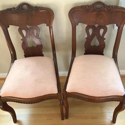 Two Antique Petite Empire Style Sold Wood Chairs With Pink Fabric Seats