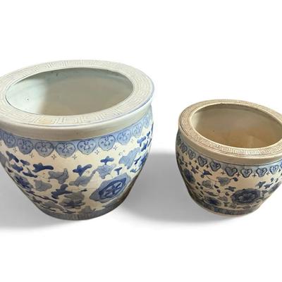 Two Blue & White Planters 
