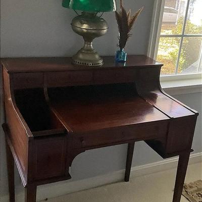 Vintage Petite Solid Wood Writing Desk, Lamp
