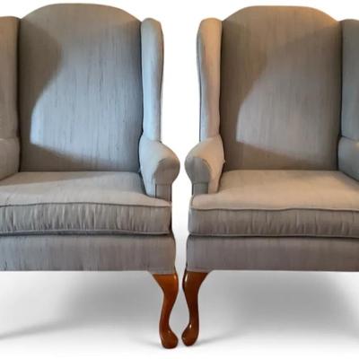 Two Broyhill Queen Anne Baby Blue Wingback Chairs