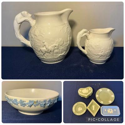 Wedgwood Queensware Bowl, Devonshire Pitchers, & Jasperware 