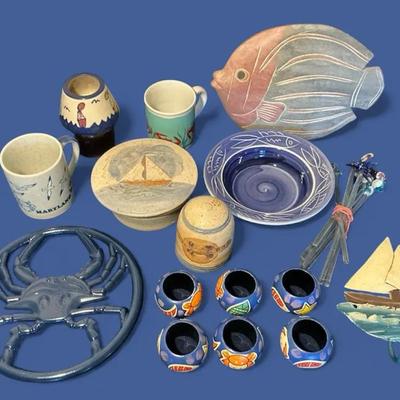 Annapolis Pottery Shaker & Bowl, & Other Nautical Crab & Fish Items