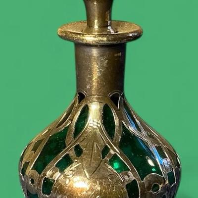 999 Fine Silver Encased Green Glass Bottle