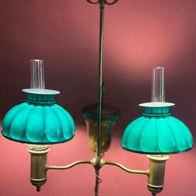 Vintage Brass Double Student Lamp With Green Glass Shades