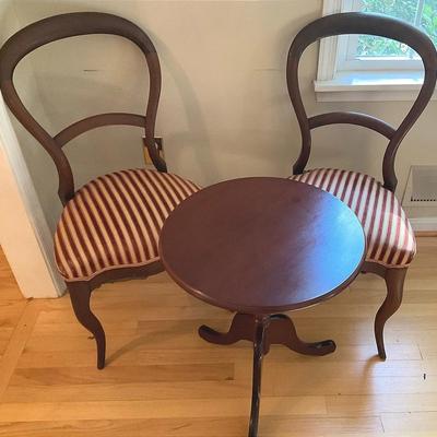 Two Victorian Petite Balloon Back Chairs And Cherry Petite Table