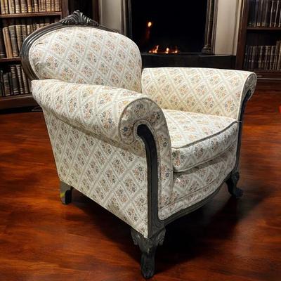 Vintage Accent Chair w/ Diamond Floral Patterned Upholstery & Engraved Wood
