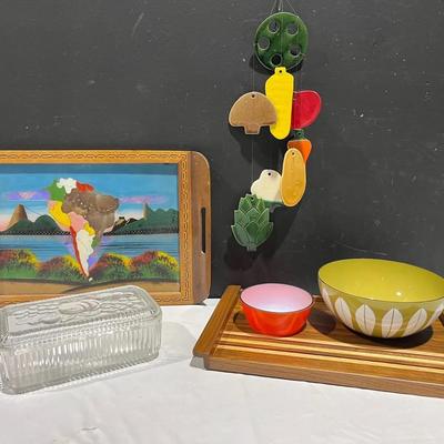 Vintage Brazil Inlay Wood & Glass Serving Tray, Fire King Orange Bowl + More