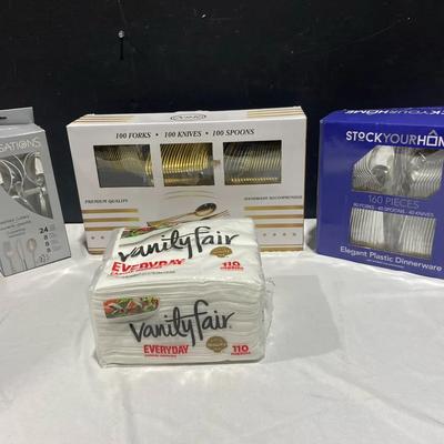 New In Box Collection Of Plastic Silverware Colored Gold And Silver