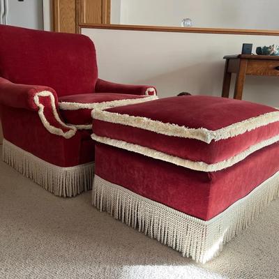 Vintage Red Velvet Danish Lounge Chair W/ Ottoman 