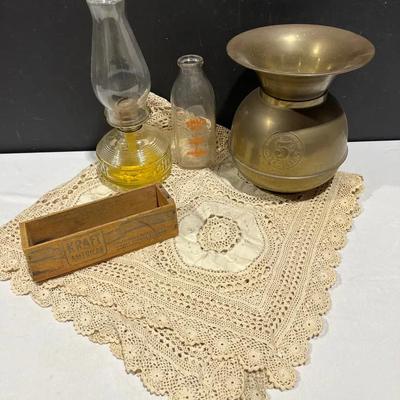 Vintage Brass Spittoon, Hurricane Lamp, Crochet Table Cloth + More