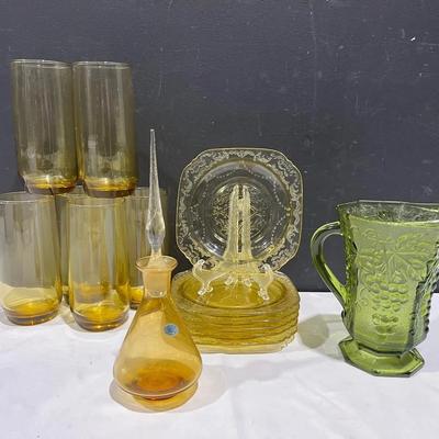 Vintage Hand Blown Amber Perfume Bottle, Anchor Hocking Grape Harvest Avocado Pitcher + More