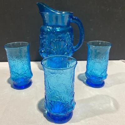 Anchor Hocking Laser Blue Rainflower 64oz Pitcher & 3 Matching Glasses
