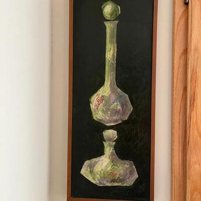 Vintage Mid Century, Abstract/Contemporary Bottle Still Life On Canvas, In Teak Frame