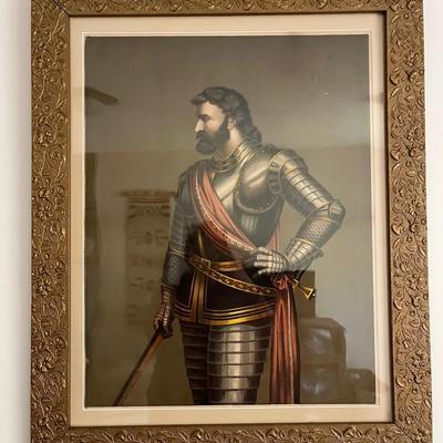 1800s Antique Gold Filigree Frame W/ Antique Portrait Of A Duke In Armor