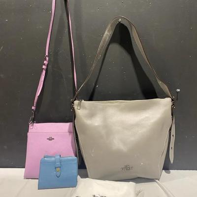 Coach Purple Purse, Coach Grey Handbag, & Fossil Blue Wallet
